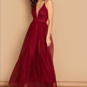 SHEIN Plunging Neck Mesh-Overlay Maxi Dress